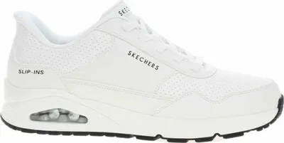 A side view of a white Skechers sneaker.