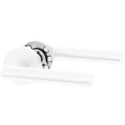 A white door handle set on a white background.