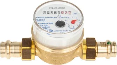 Produktbild von Einstrahlzähler ETK Kombi-Set (Kaltwasser) bis 30 Grad Länge 80 mm, inkl. Verschraubungen mit Pressanschluss 22 mm