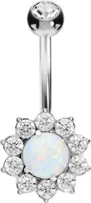Produktbild von Bauchnabelpiercing Titan Bananabell mit Innengewinde KRISTALLBLUME + SYNTHETISCHER OPAL