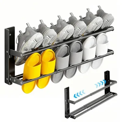 Immagine prodotto di Portascarpe da parete, 2 livelli, estensibile da 37 a 67 cm, metallo, nero