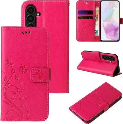Produktbild von Handyhülle für Samsung Galaxy A37 5G Floral Blumen Schmetterling Flip Cover Hülle Case Klapphülle Handytasche Farbe: Pink
