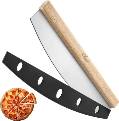 Produktbild von Oleio Pizzaschneider Edelstahl 35 cm – Scharfes Pizza Wiegemesser, Pizza Cutter, Profi Pizzamesser inkl. Klingenschutz, Kautschukholzgriff