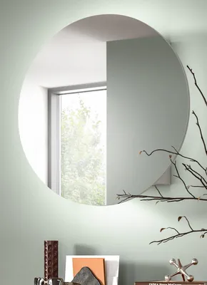 Immagine prodotto di Armadietto a specchio "Relief" bianco, specchio da ingresso con vano portaoggetti rotondo, chiusura ammortizzata