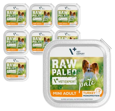Produktbild von Raw Paleo Pate Mini Adult Pute Schale 8x150g Nassfutter für Hunde kleiner Rassen mit Pute