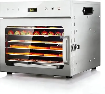 Obrázok produktu pre Nerezový sušič potravín s receptárom, 6 poschodí, regulátor teploty od 30 do 90, bez BPA, sušička na ovocie, mäso, zeleninu, bylinky a iné potraviny, s časovačom s možnosťou nastavenia až na 24 hodín