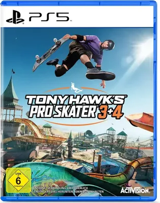 The image shows the game box for Tony Hawk's Pro Skater 3+4 for PS5, featuring a skateboarder in mid-air against a bright sky and a skate park background.
