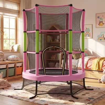 Produktbild von SONGMICS Trampolin Kinder, 174 cm Gartentrampolin mit Sicherheitsnetz, Mini-Trampolin für innen und außen, Stahlrahmen, pink