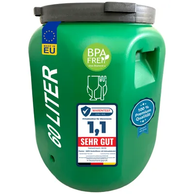 A green plastic barrel with various labels and markings.