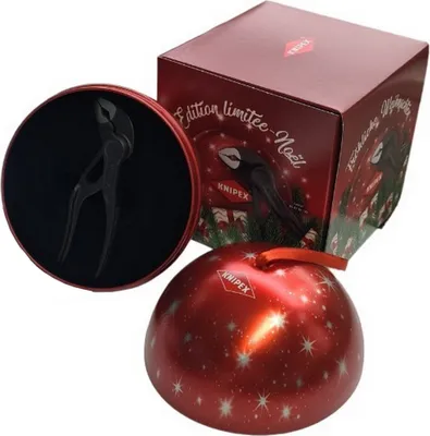 A Christmas-themed gift set featuring Knipex pliers in a decorative tin and box, with a red bauble.