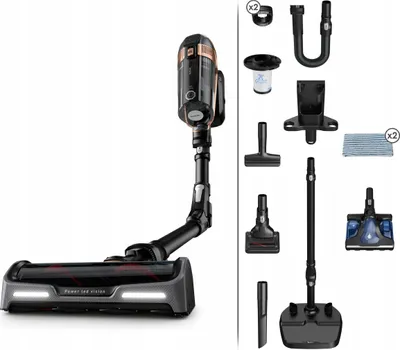 A cordless vacuum cleaner and its accessories are displayed against a white background.