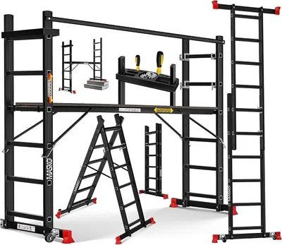 Produktbild von Alugerüst 4in1, Baugerüst, Arbeitsgerüst & Gerüstleiter, Mehrzweckleiter als Anlegeleiter, Treppenleiter & Arbeitsbühne, bis 150kg belastbar, Anti-Rutsch beschichtet, EN131 + Ablage