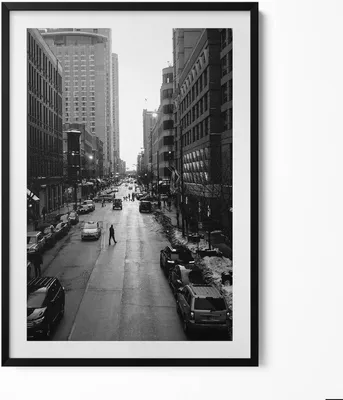 Produktbild von Schwarze und weiße Straßen von Chicago– Wandbild mit Rahmen – Gerahmtes Bild  – Wanddekoration – 70x100 cm –  Schwarz Rahmen