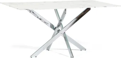 Produktbild von Rechteckiger Tisch mit gehärteter Glasplatte in Marmoroptik und gekreuztem Metallgestell – modernes, elegantes und stabiles Design für Küche, Esszimmer, Wohnzimmer und Büro – MORGAN – Weißer Marmor/Silber