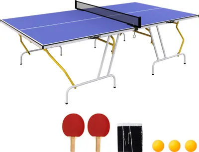 Produktbild von SPORTNOW stôl na stolný tenis štvrtinový skladací so sieťkou na stolný tenis, 2 pálky na stolný tenis, 3 loptičky, modrý
