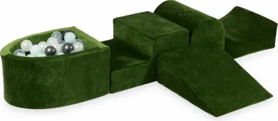 Produktbild von Schaumstoff-Spielset mit Hügel und Mikro-Bällepool – Samtig weiches Olivgrün + 100 Bällebadbälle / transparent, mint, metallic graphit, Meerjungfraueneffekt