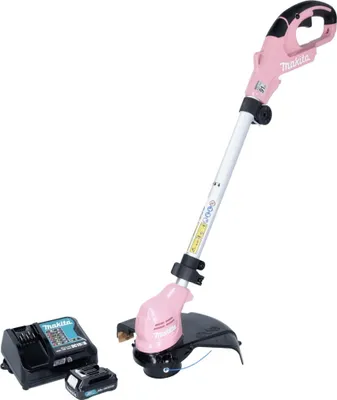 A pink Makita string trimmer with a battery and charger.