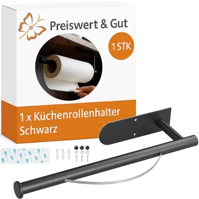 Produktbild von Küchenrollenhalter ohne Bohren mit Abroll-Bremse Premium schwarz mit M3 Klebepad und Befestigungsmaterial für die Wand