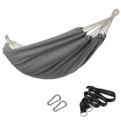 Obrázek produktu pro Houpací síť SONGMICS, 210 x 150 cm, dvojitá houpací síť, nosnost 300 kg, pro zahradu, terasu, balkon, outdoor, kempování, s taškou na přenášení, upevňovacími popruhy a karabinami, šedá barva