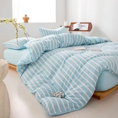 Produktbild von Bettwäsche Set 155x220 cm Blau Weiß Gestreift Mikrofaser mit Reißverschluss