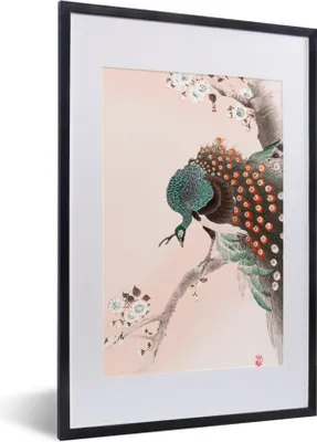Produktbild von MuchoWow® Gerahmtes Poster Pfau - Baum - Blumen - Japanisch - Skandinavisch 40x60 cm - Poster mit Schwarzem Bilderrahmen Wandposter Rahmen Foto Bilder - Poster in Rahmen