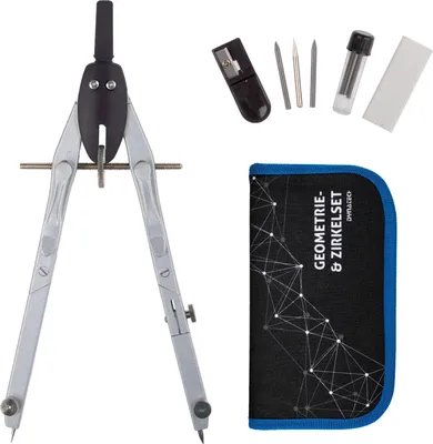 Produktbild von DynaTech Schnellverstellzirkel schwarz/blau inkl. 2 Ersatzminen, Etui & 10 weiteren Zubehörartikeln