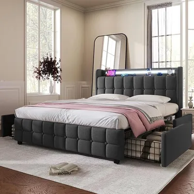 Obrázek produktu pro Postel s čalouněnou čelo a úložným prostorem, rozměry 180x200 cm, s LED osvětlením a nabíjením přes USB, dvojlůžko, rošt, postel se 4 zásuvkami, lněná tkanina, postel pro mládež, bez matrace, šedá barva