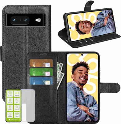 Image de Étui pour Google Pixel 8 - Noir - Étui en simili cuir + verre de protection H9