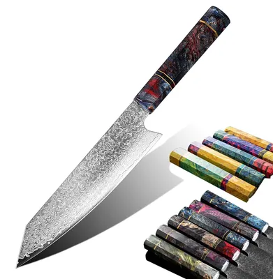 Zdjęcie produktu dla Nóż damasceński, nóż kuchenny i użytkowy unikalna drewniana rękojeść Nóż Santoku mega ostry