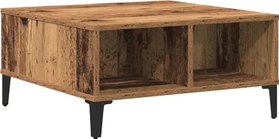 A square coffee table with a wood-like finish and two open storage compartments, supported by four black legs.