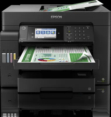 A black Epson EcoTank L15150 Inkjet printer is shown from the front, with a document partially printed and emerging from the output tray.