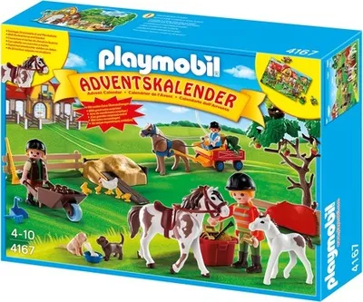 A Playmobil advent calendar box depicting a farm scene with horses, farm animals, and figures.