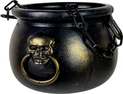 Produktbild von Schwarzer Hexenkessel mit Totenkopf und Kette als Henkel 14 cm