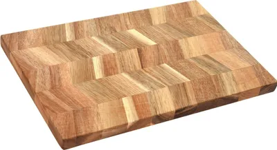 A wooden cutting board with a herringbone pattern.