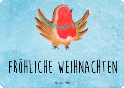 Produktbild von Mr. & Mrs. Panda Schild Rotkehlchen Weihnachten DIN A5 - Eisblau - Geschenk, Xmas, Wandbild, Weihnachtsgruß, Heiligabend, Blechschild, tafel, Frohe, Metallbild, Türschild