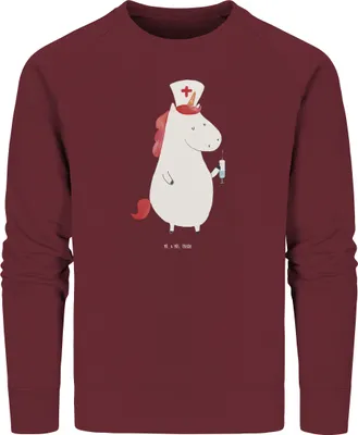 Produktbild von Mr. & Mrs. Panda Bio Pullover Einhorn Krankenschwester Größe L - Burgundy - Geschenk, Krankenpfleger, Pulli, Krankenhaus, Unicorn, Sweater, Sweatshirt, Ärztin, Baumwoll