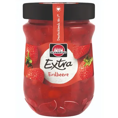 A jar of strawberry jam on a white background.