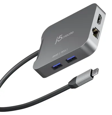 Zdjęcie produktu dla j5create JCD3191-N, Przewodowa, USB 3.2 Gen 2 (3.1 Gen 2) Type-C, 140 W, 10,100,1000 Mbit/s, Szary, Space Grey