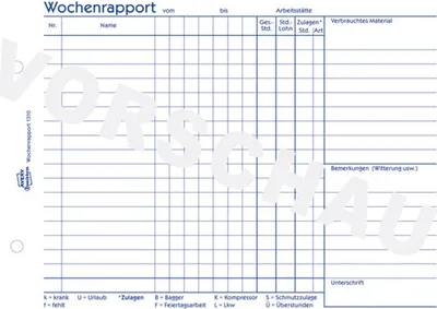 Produktbild von Formularbuch Wochenrapport A5 VE=10x100 Blatt