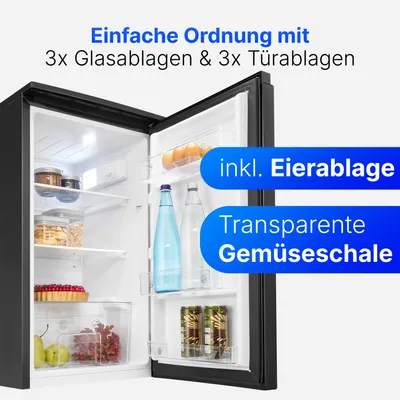 An open refrigerator with food and drinks inside, with marketing text overlays.