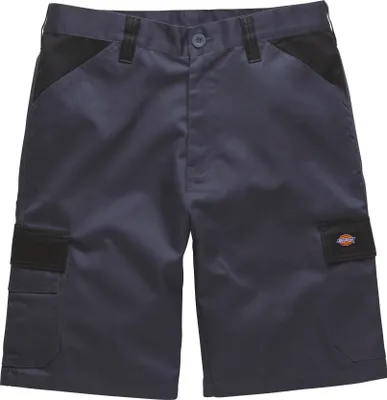A pair of navy blue work shorts with black accents and pockets.