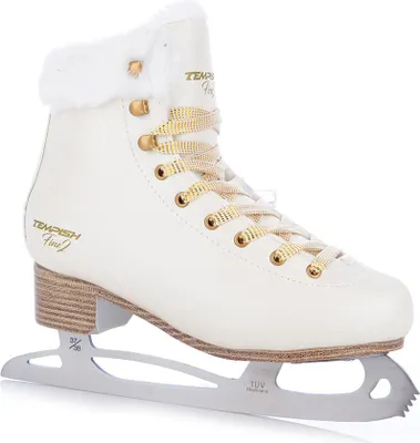 A single white figure skate with gold accents and laces, shown from a side-angle.