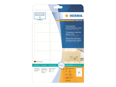 Obrázek produktu pro HERMA Special - matný - samolepicí - průhledný - 63,5 x 38,1 mm 525 štítků (25 listů x 21)