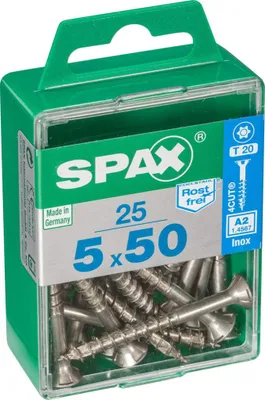 Produktbild von SPAX Edelstahlschraube, 5 x 50 mm, 25 Stück, Teilgewinde, Senkkopf, T-STAR plus T20, 4CUT, Edelstahl rostfrei A2 - 4197000500502
