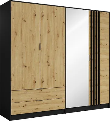 Produktbild von 4-türiger Kleiderschrank mit 2 Schubladen - Mit Spiegel - 220 cm breit - Schwarz und natur - TUNALO