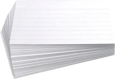 A stack of white lined index cards.