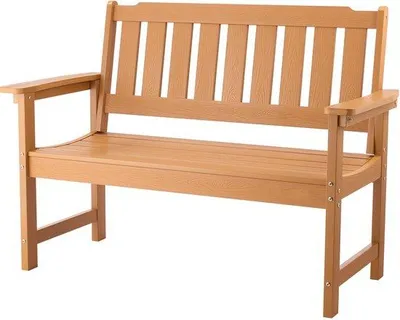 Immagine prodotto di Panca da esterno, 128 cm, capacità di carico fino a 363 kg per 2-3 persone, struttura in plastica resistente con schienale e ampi braccioli, ideale per terrazzi, giardini, parchi o case unifamiliari, aspetto simile al legno naturale