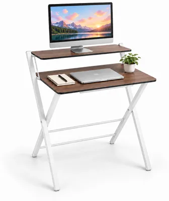 Produktbild von Relaxdays Schreibtisch, Monitoraufsatz, klappbar, HxBxT: 82 x 70 x 56 cm, MDF, Metall, Klappschreibtisch, braun/weiß, KI-generiertes Bild