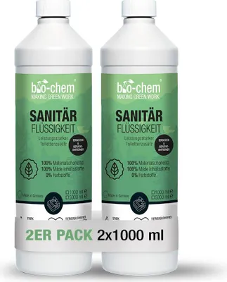 Produktbild von bio-chem Sanitärflüssigkeit für Campingtoilette - 2x 1 L inkl. Dosierbecher - Mikrobiologischer Toilettenzusatz hochkonzentriert - Wirkt gegen Fäkalien, Papier & Gerüche im Fäkalientank - DE