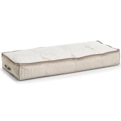 A storage box with a striped pattern and a quilted top.